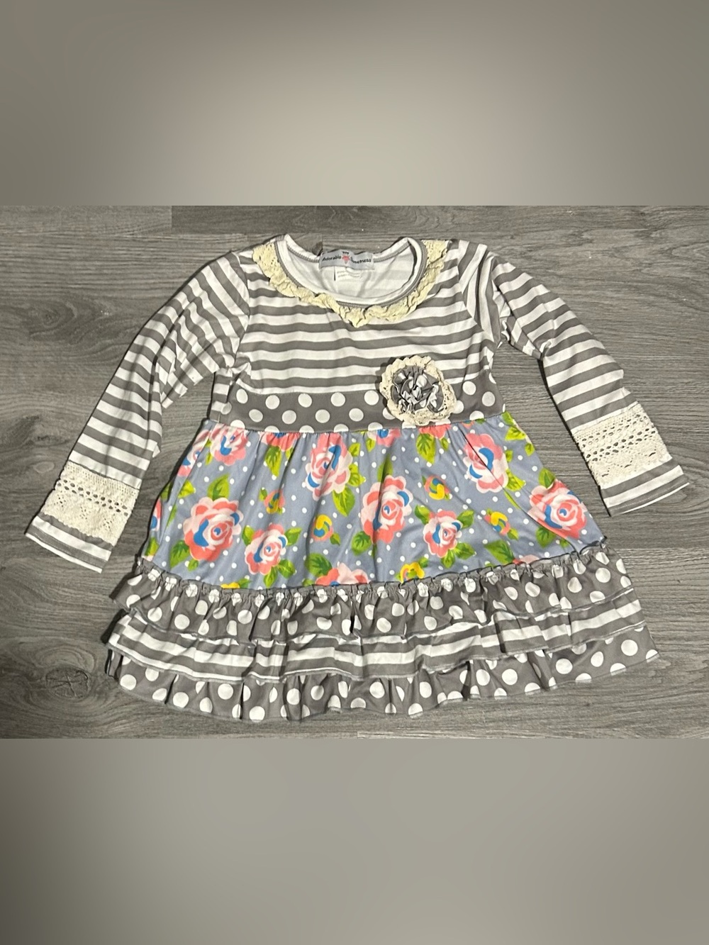 Adorable Sweetness 5T Floral & Stripe Long-Sleeve Dress - Gray, Pink & Blue